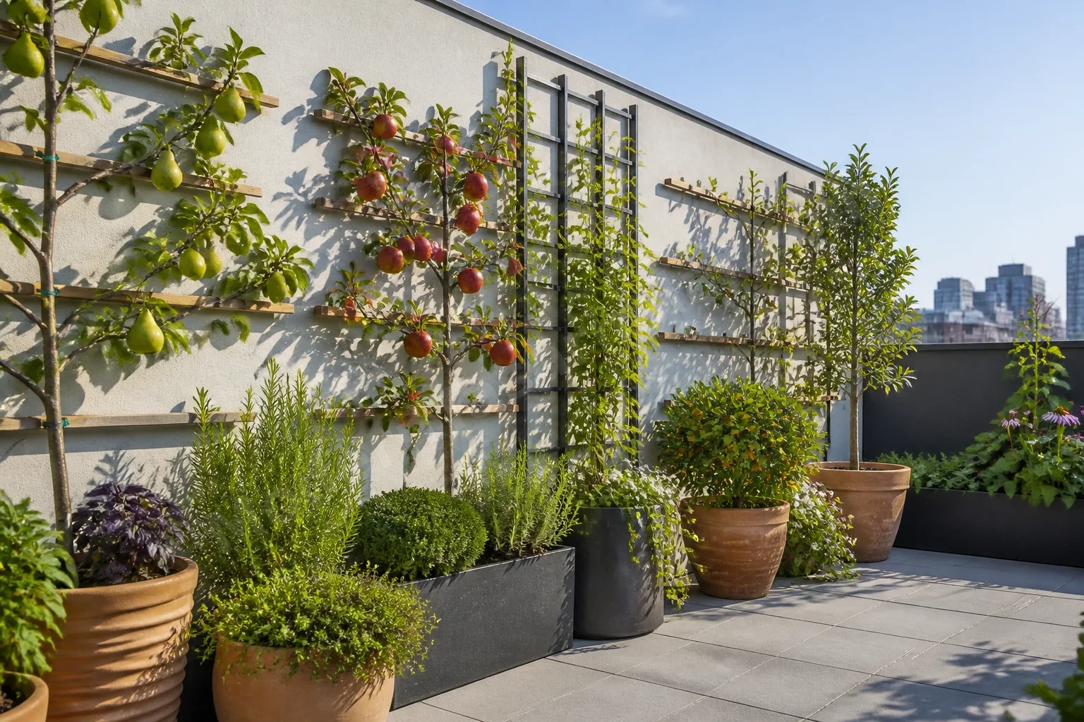 Dikey duvarda espalier meyve ağaçları ve kil saksılarla gün ortası görüntüsü