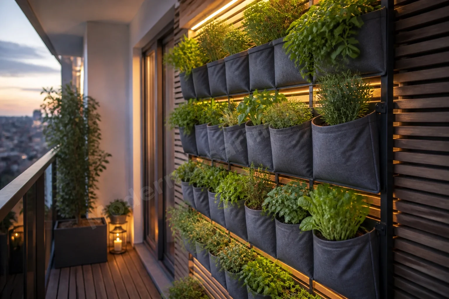 Dikey gri kumaş ceplere sahip dar balkon yeşil duvarı