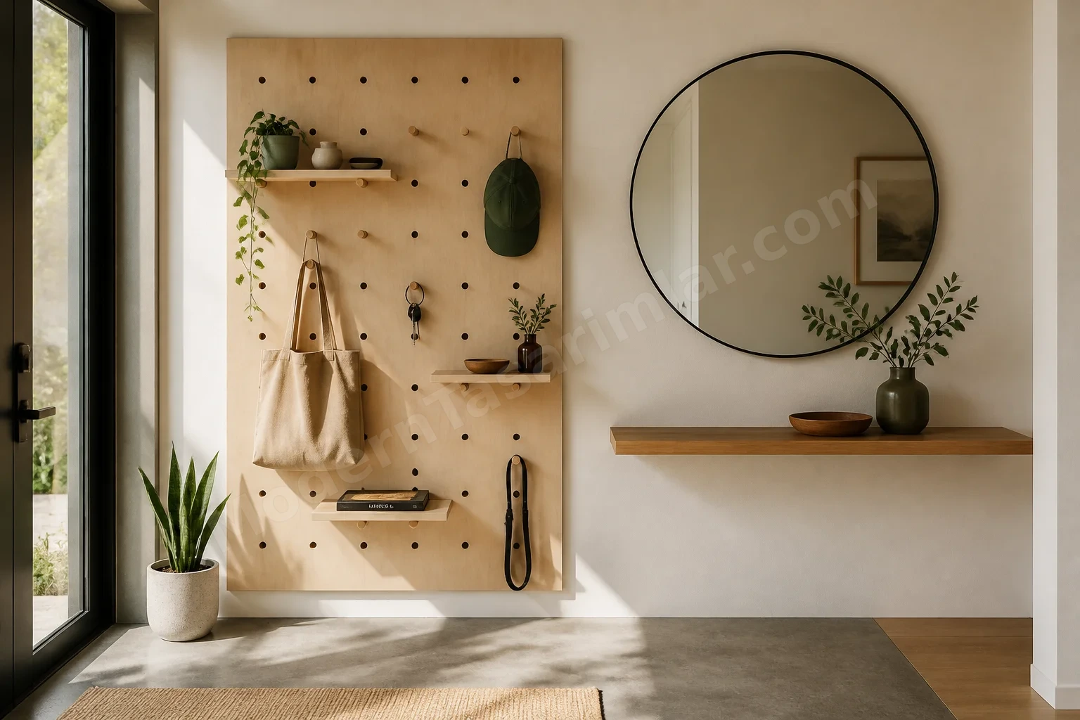 Dikey pegboard sistemli minimalist giriş çözümü