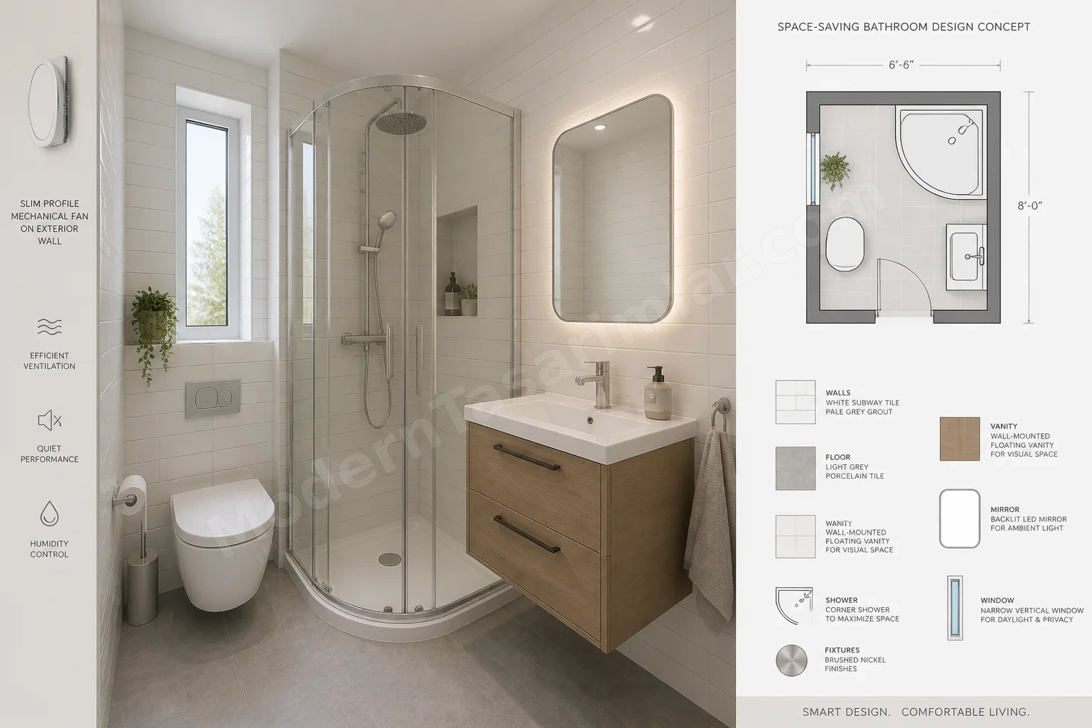 Dikey pencere ve arka aydınlatmalı ayna ile yer tasarruflu banyo