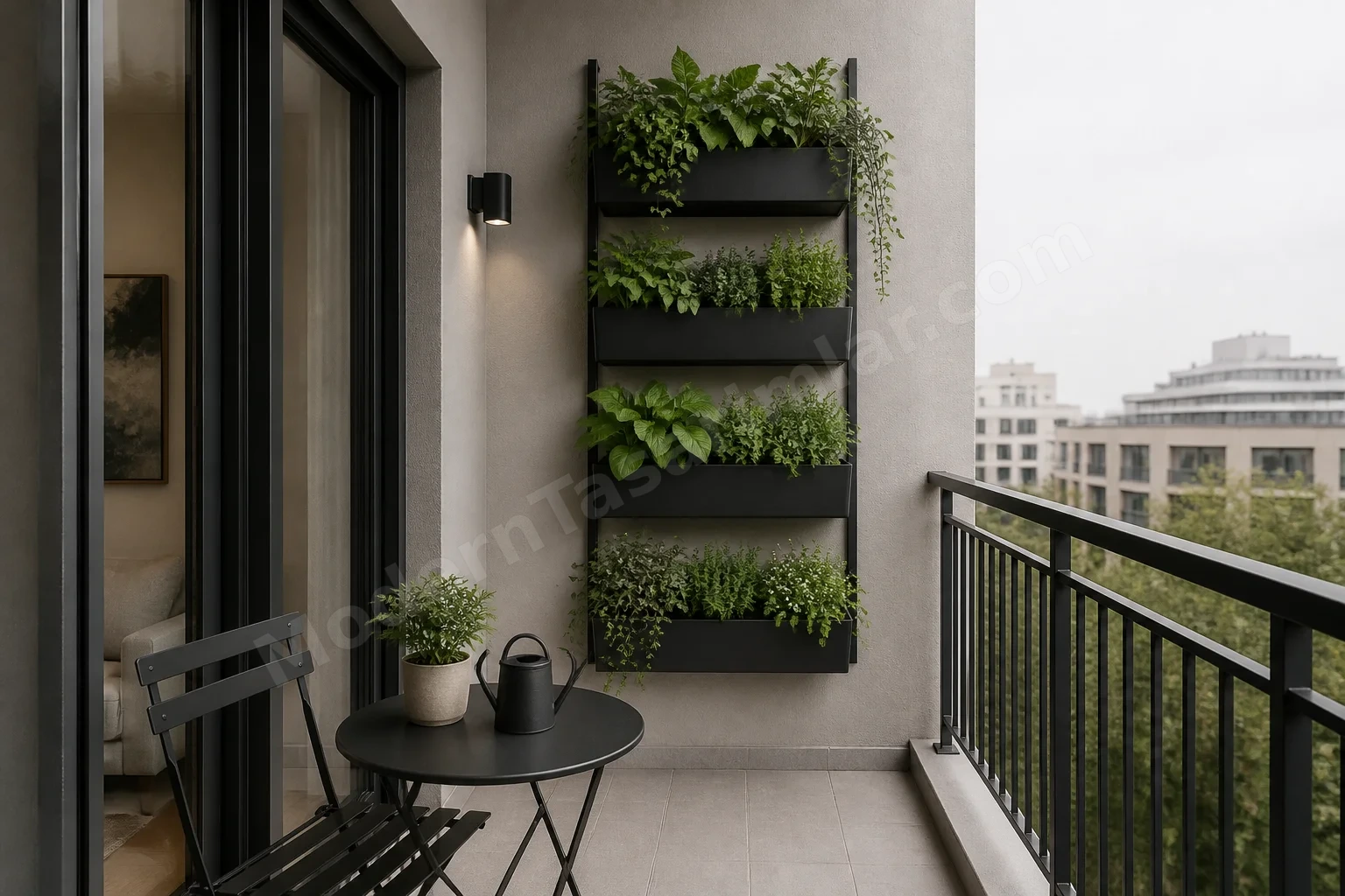 Dikey saksı düzeni ve siyah metal çerçeveli kompakt balkon tasarımı