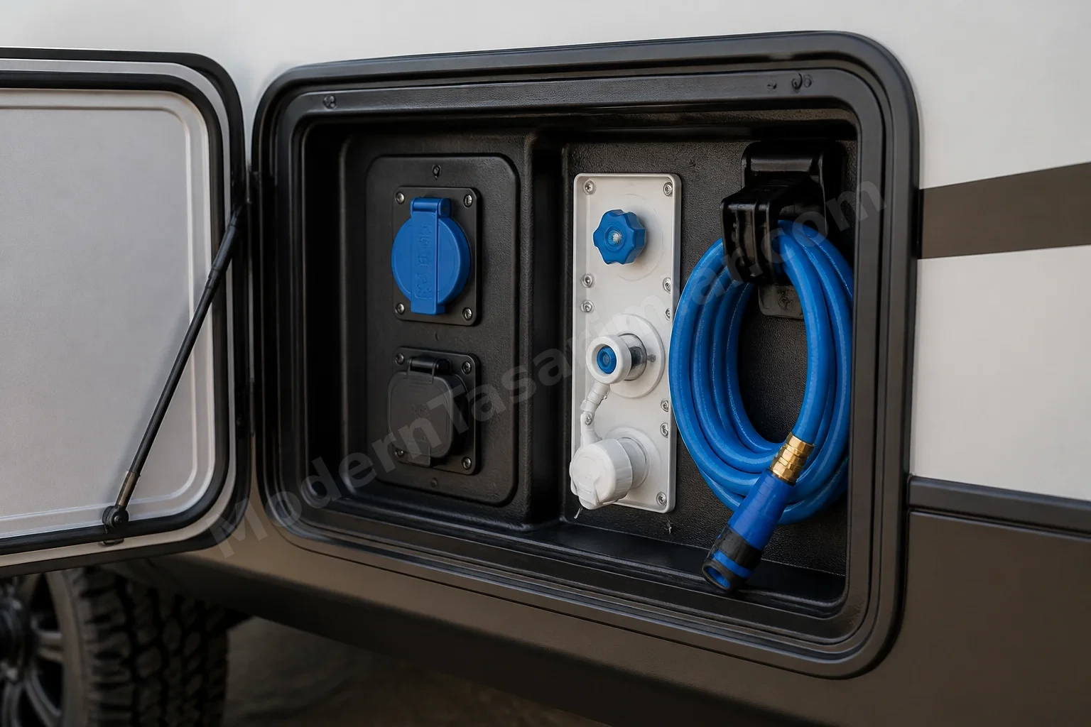 Dış servis kapağı açık; su ve elektrik bağlantı noktaları görünür.