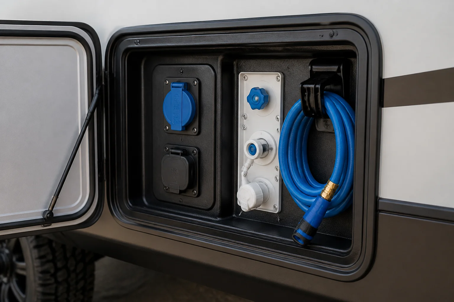 Dış servis kapağı açık; su ve elektrik bağlantı noktaları görünür.