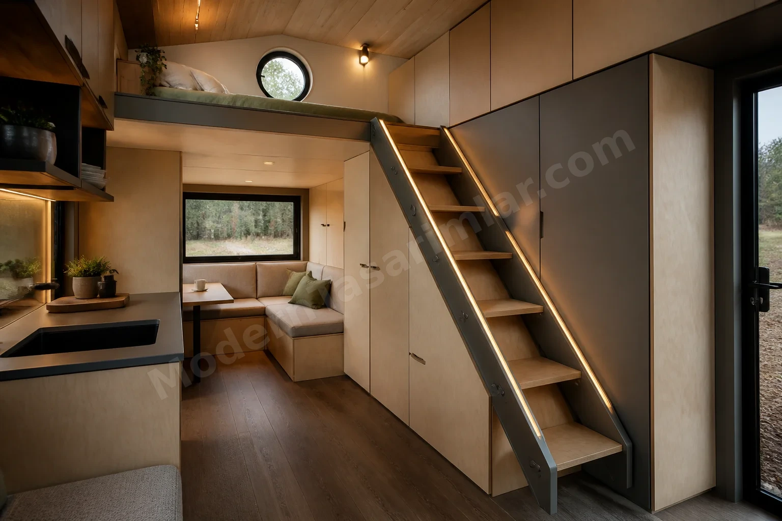 Diyagonal katlanır merdivenli gri-metal karışımlı düzen