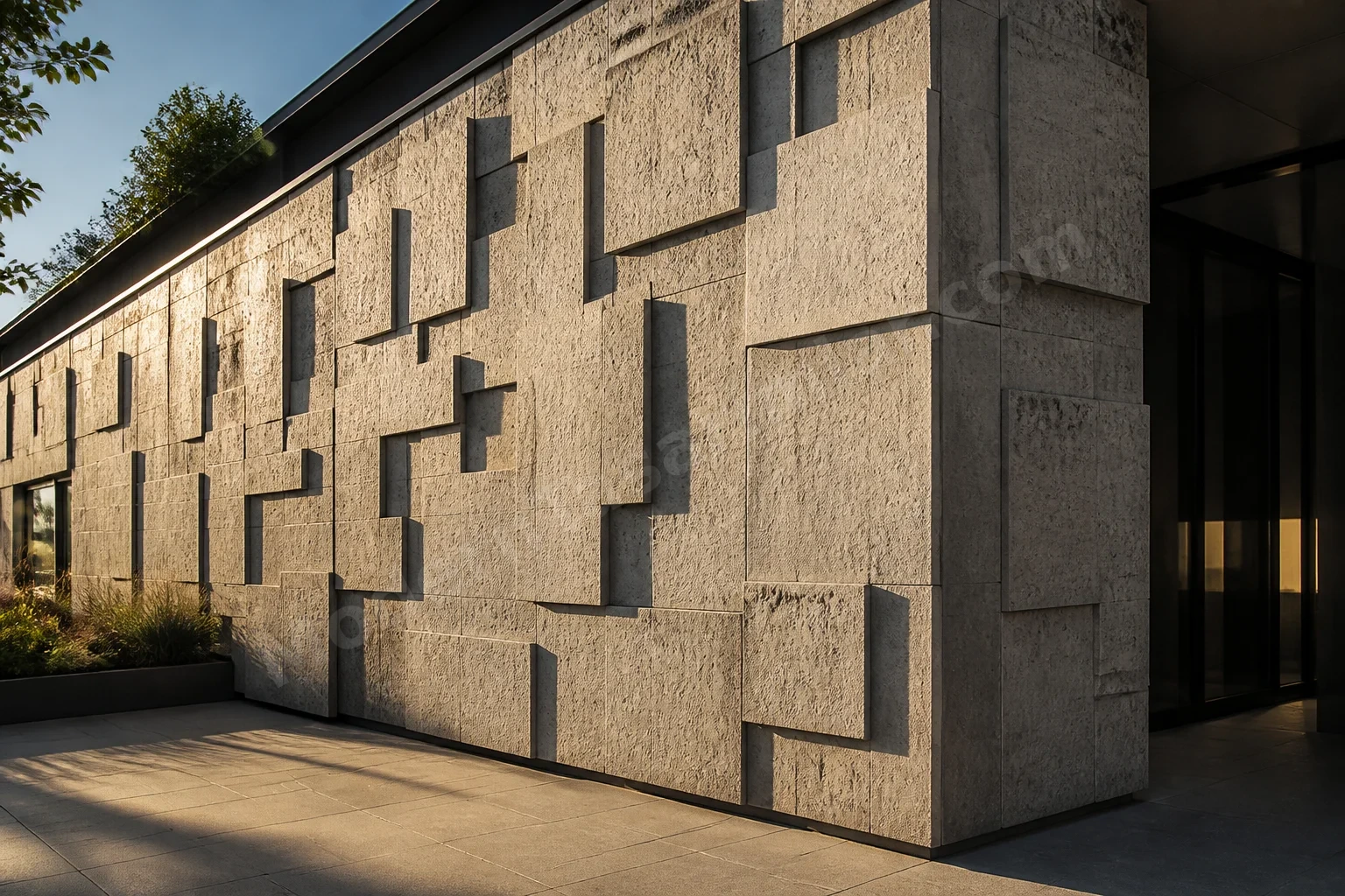 Doku rölyefli beton görünümlü paneller ve güçlü gölge oyunları