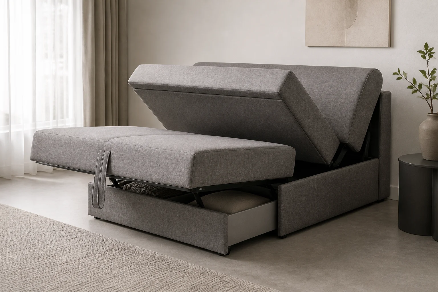 Dönüşümlü sofa-yatak modülü, gri döşeme ve saklama mekanizması.