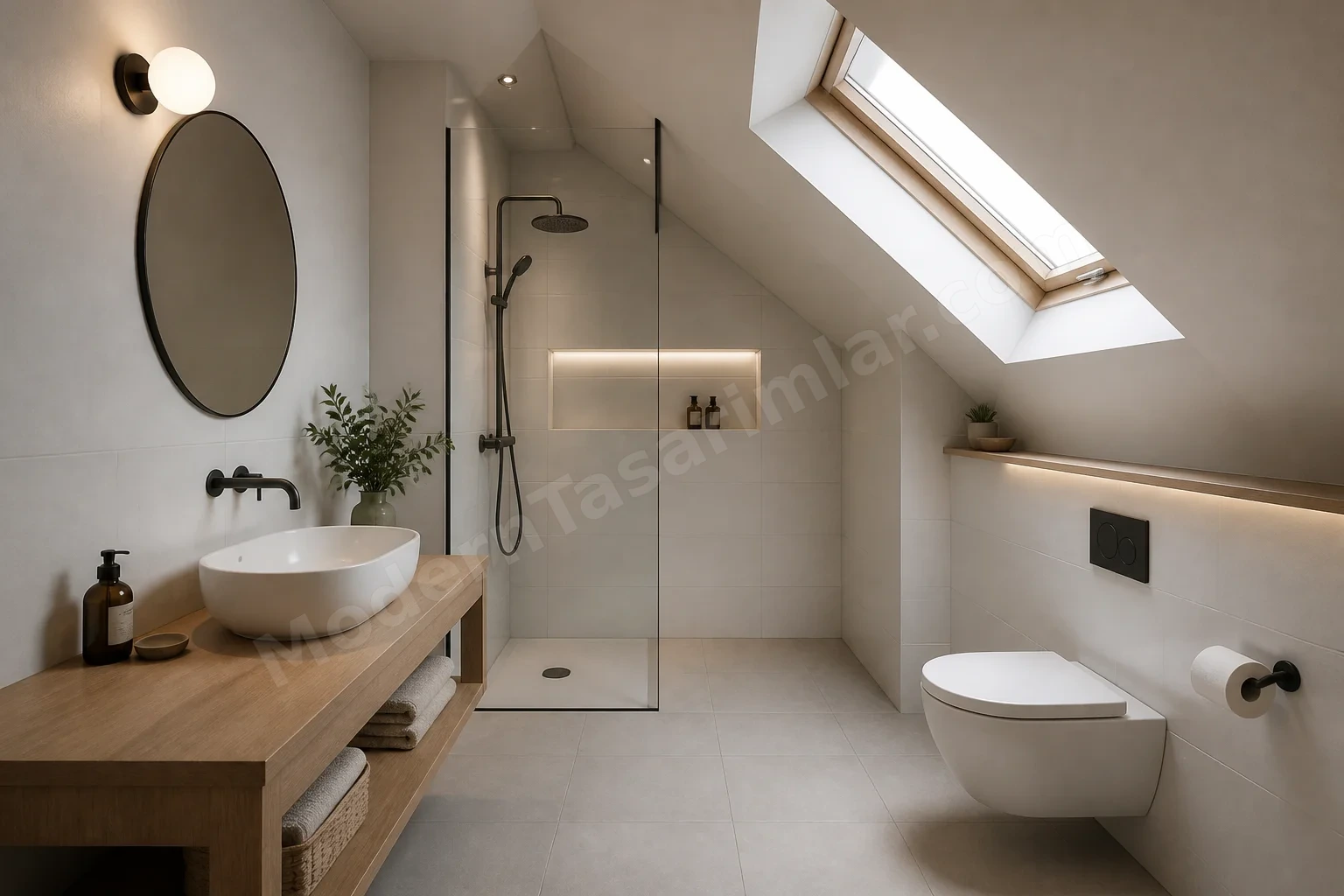 Eğimli tavan altında skylight'lı minimalist banyo ve ahşap lavabo