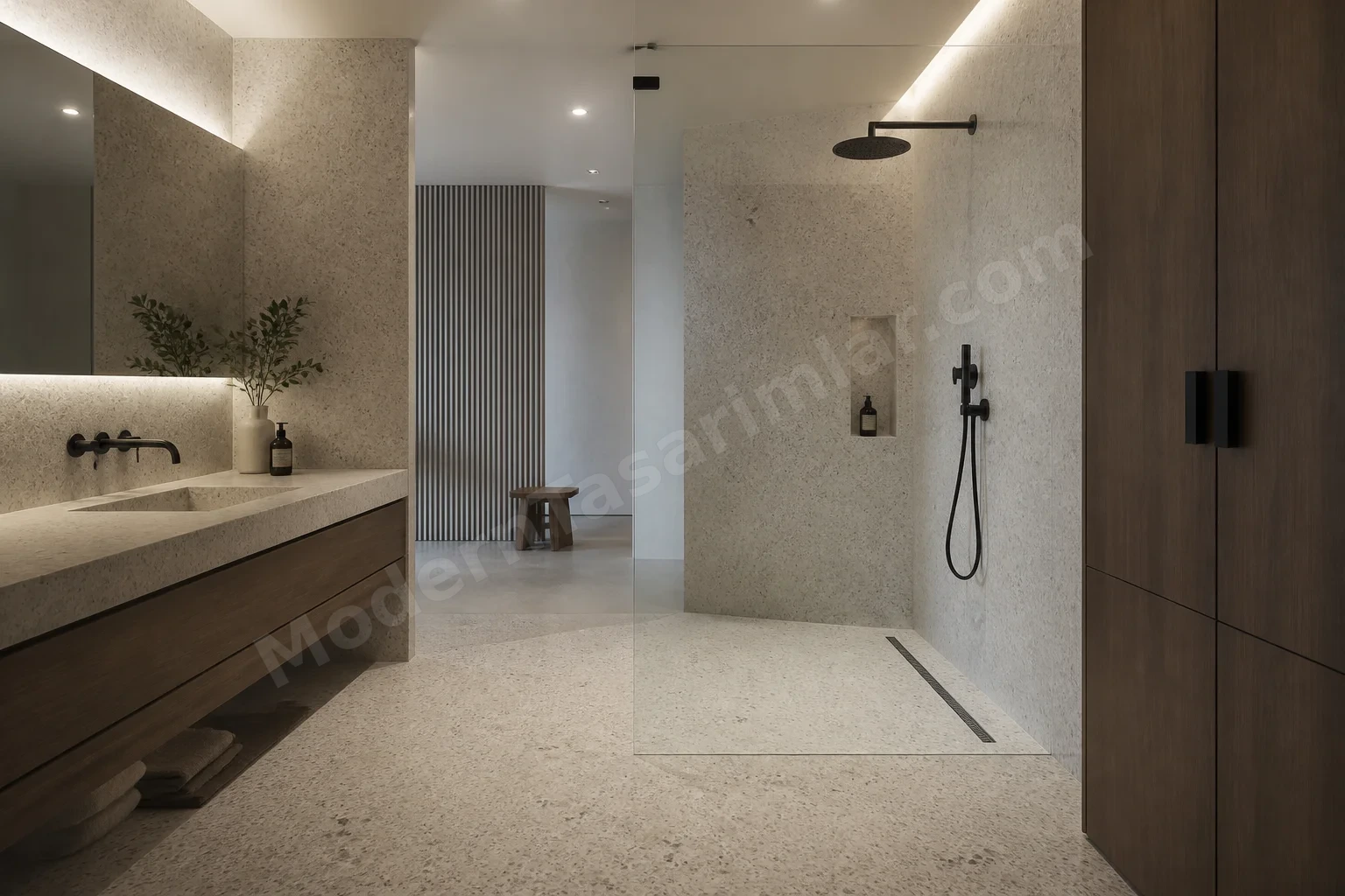 Eğimli terrazzo zeminli wetroom ve mat donanımlar