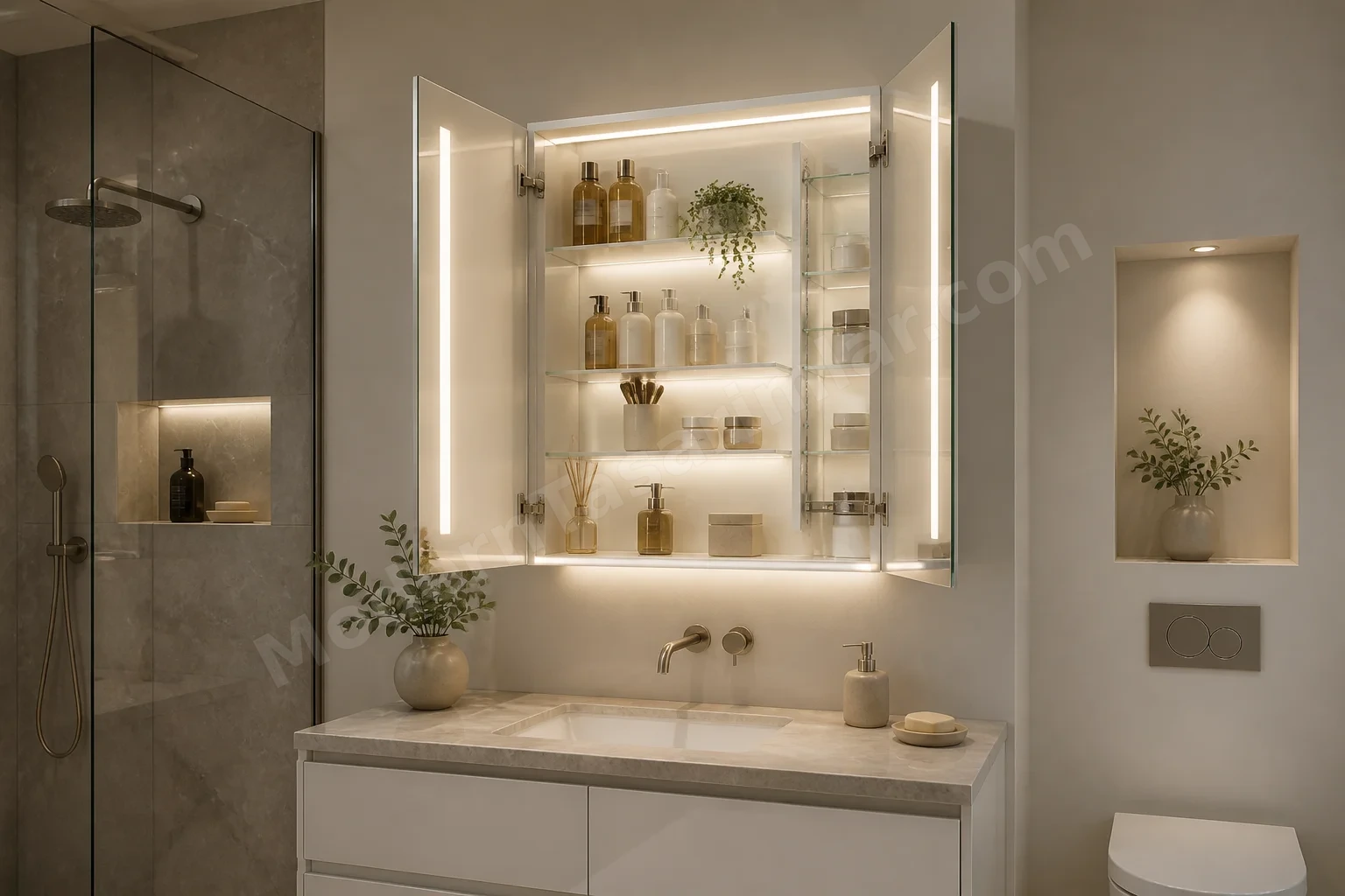 Entegre aydınlatmalı ayna dolabı
