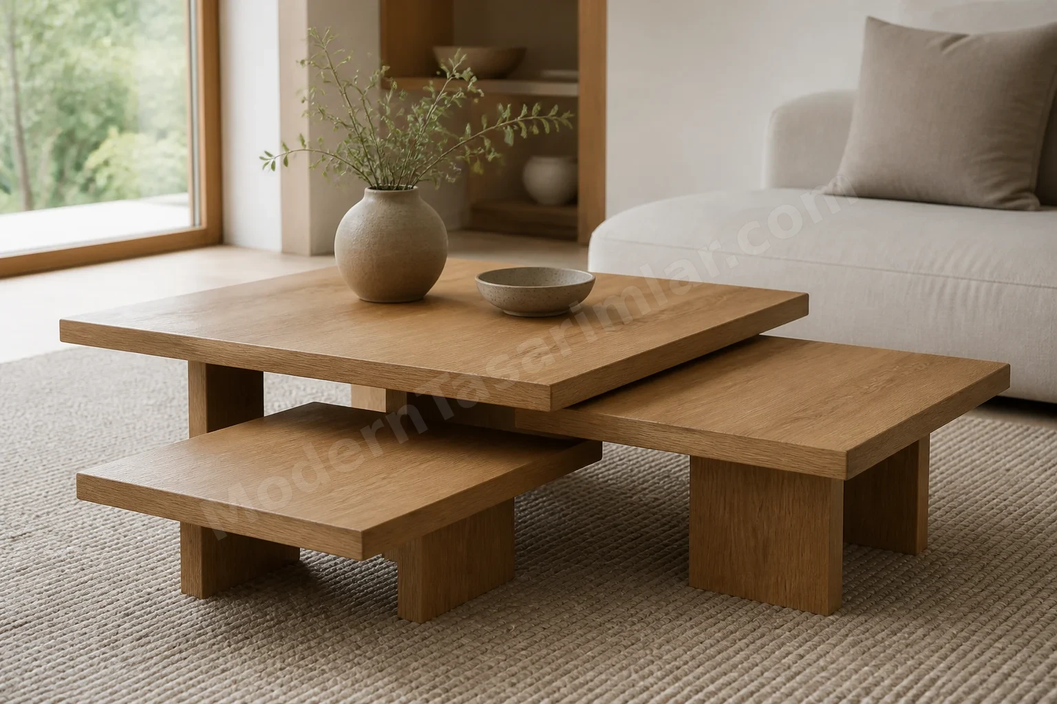 Farklı yükseklikte iç içe geçen meşe sehpalar