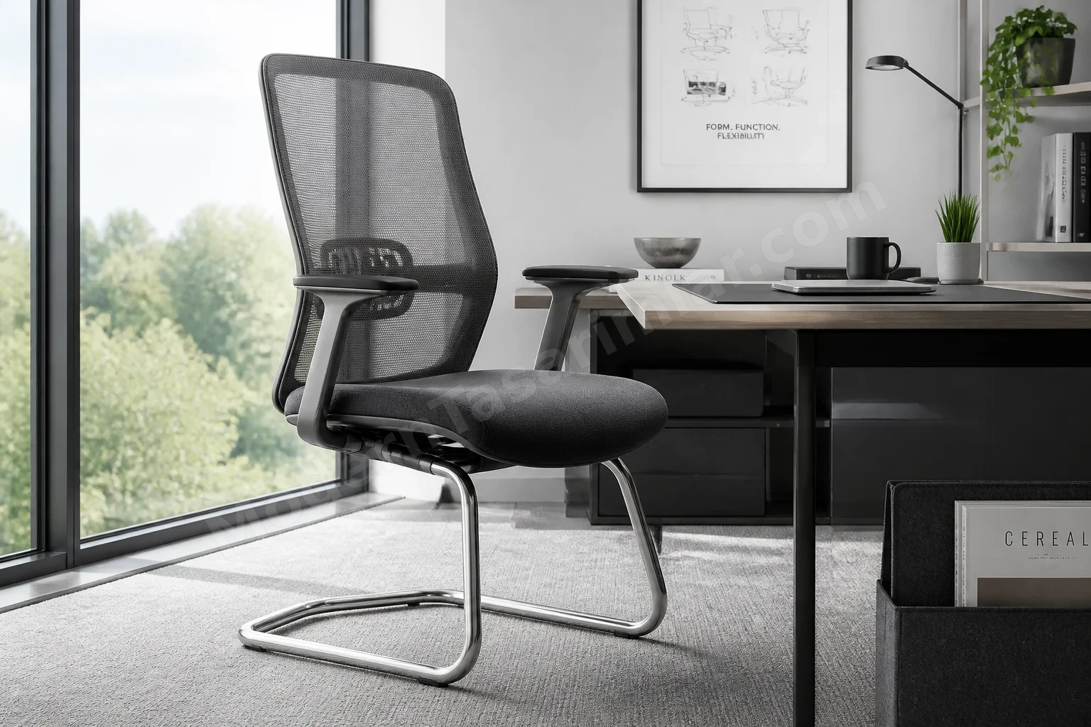 File sırtlı, cilalı alüminyum kızak tabanlı ergonomik koltuk