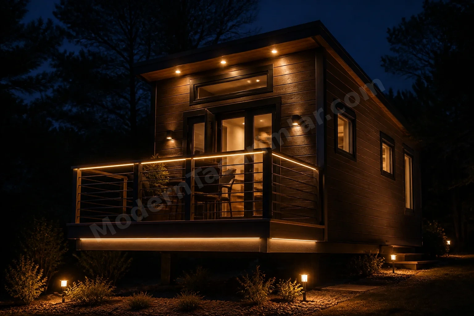 Gece aydınlatmalı monte edilmiş balkonlu tiny house