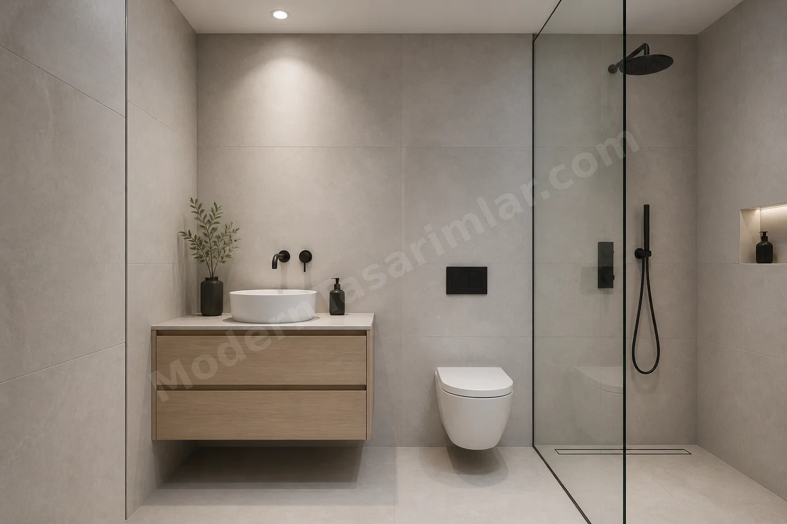 Geniş fayanslı minimal küçük banyo