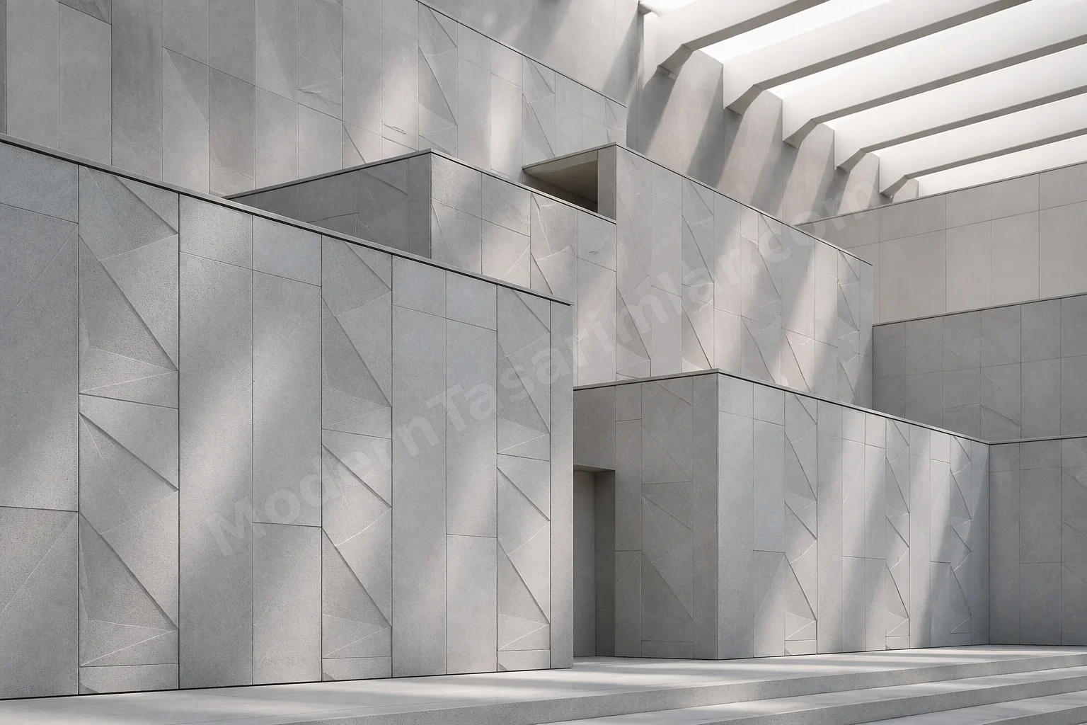 Geometrik rölyefli GFRC panellerle yumuşak üstten aydınlatma
