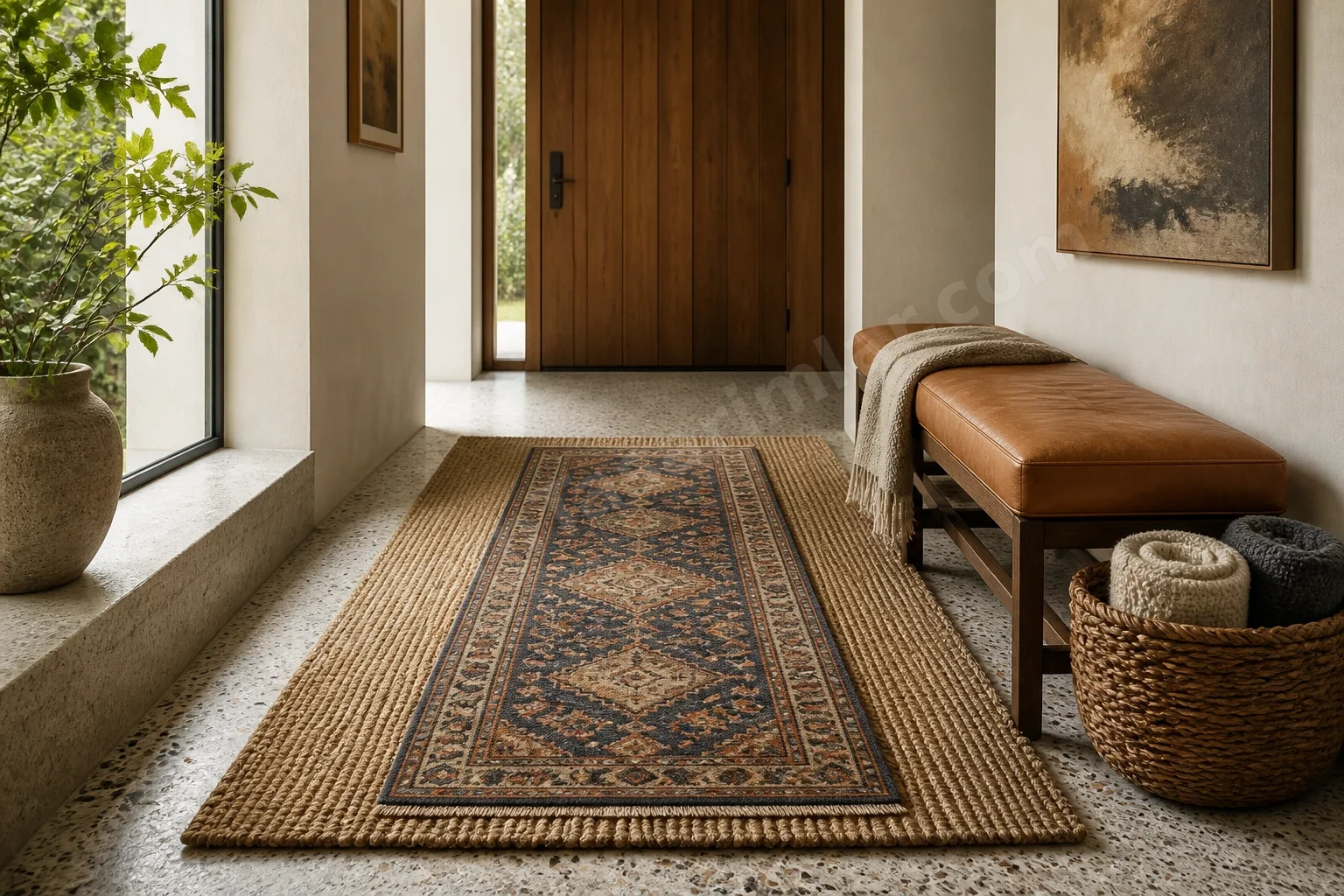 Girişte sisal taban, desenli koşu, deri bench ve hasır sepet düzenlemesi.