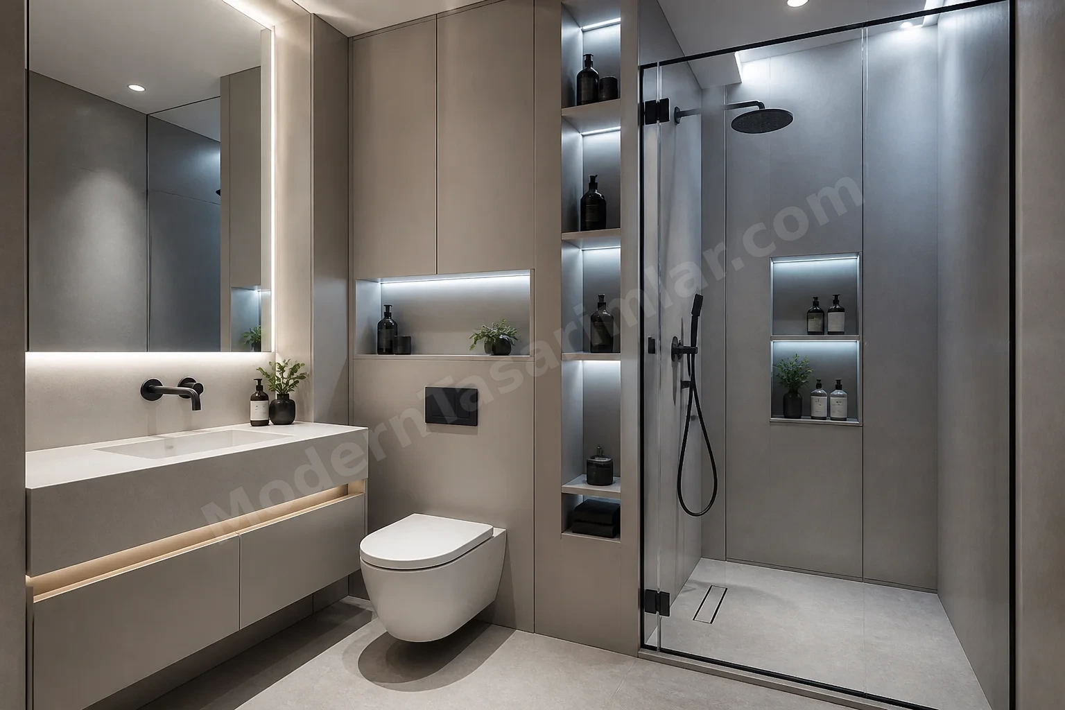 Gizli dolaplı banyo ve niş düzeni