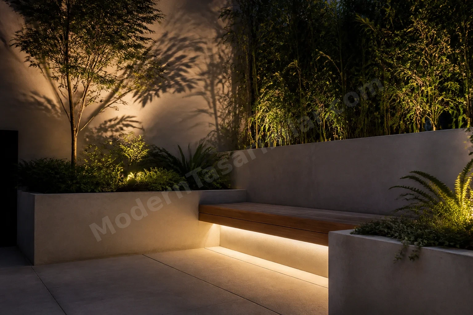Gizli LED şeritli oturma bankı ve beton saksılar