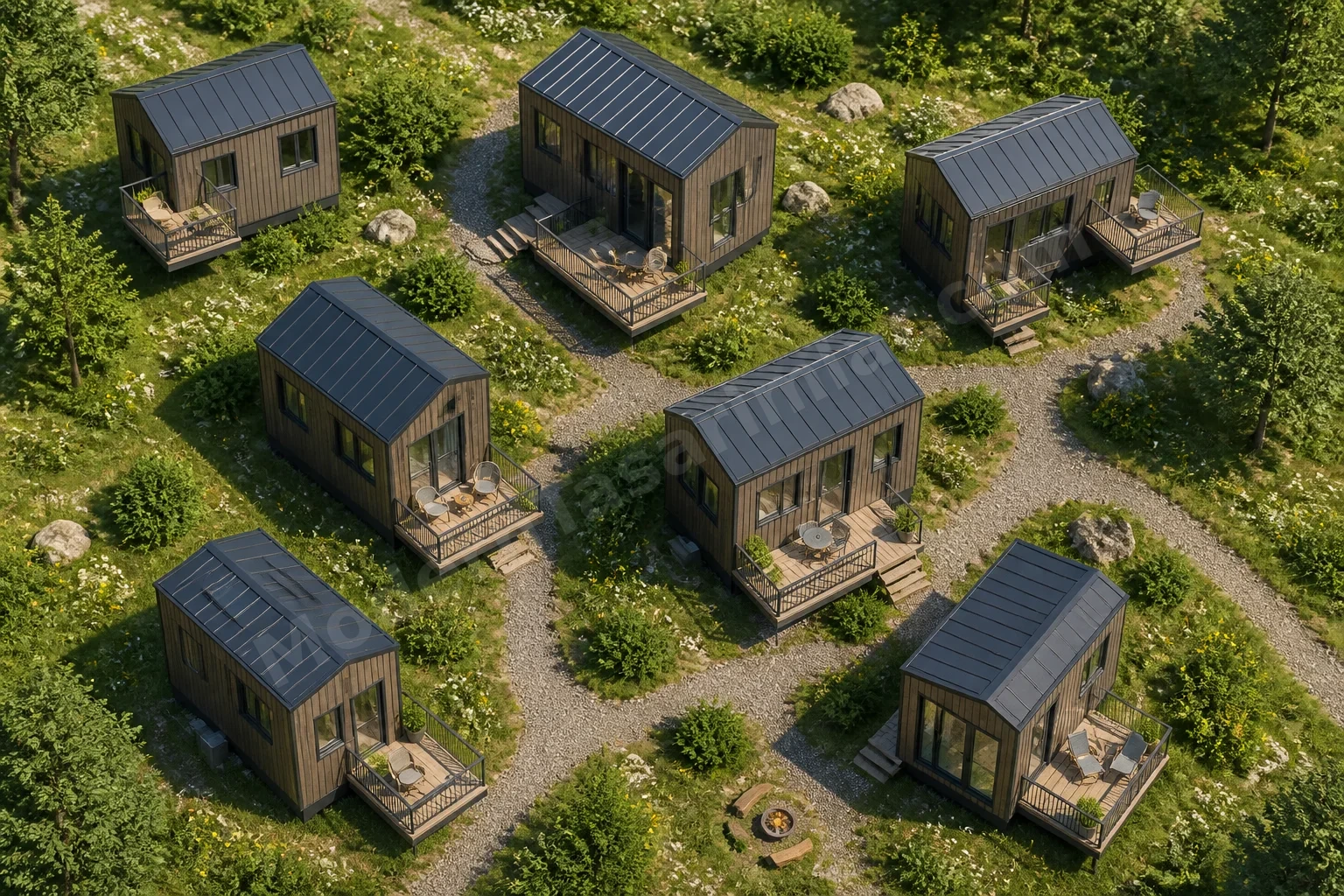 Havadan görünüşte farklı pozisyonlarda balkonlu tiny house kümesi