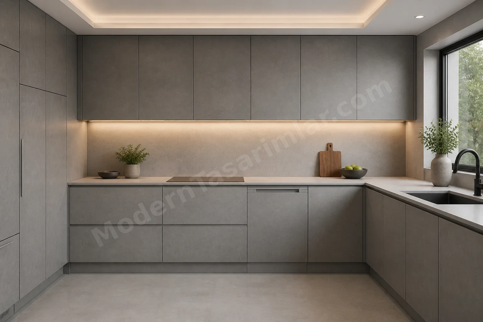 HPL laminat beton gri ön yüzey ve entegre ayaklık