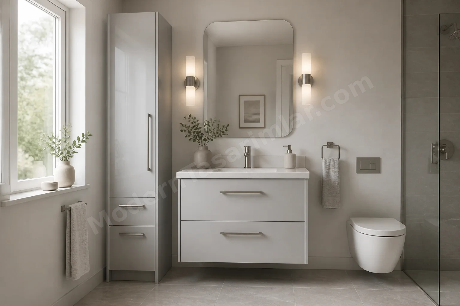 İnce yüksek dolaplı lavabo düzeni