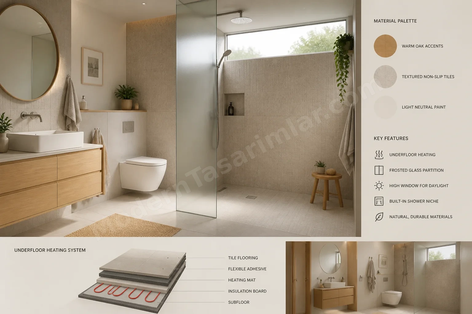 İsveç esintili ahşap detaylı banyo ve dokulu kaymaz duş zemini