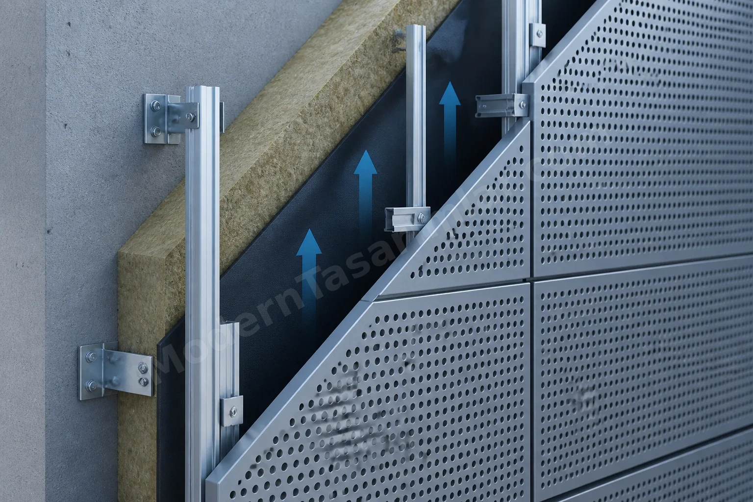 İzolasyon, hava boşluğu ve delikli metal panel katmanlı kesit