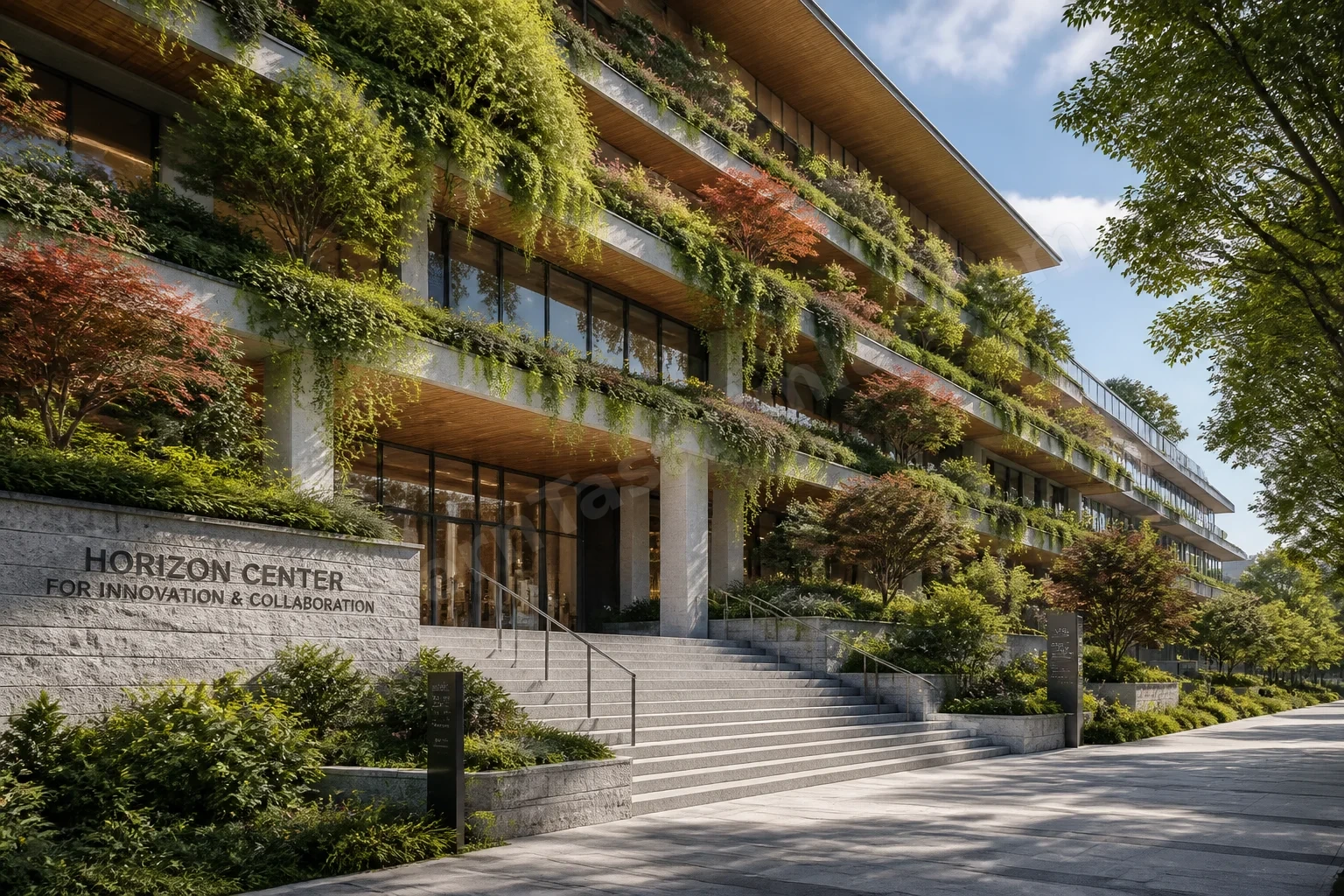 Kamu binası teraslı planter rafları ve küçük ağaçlar