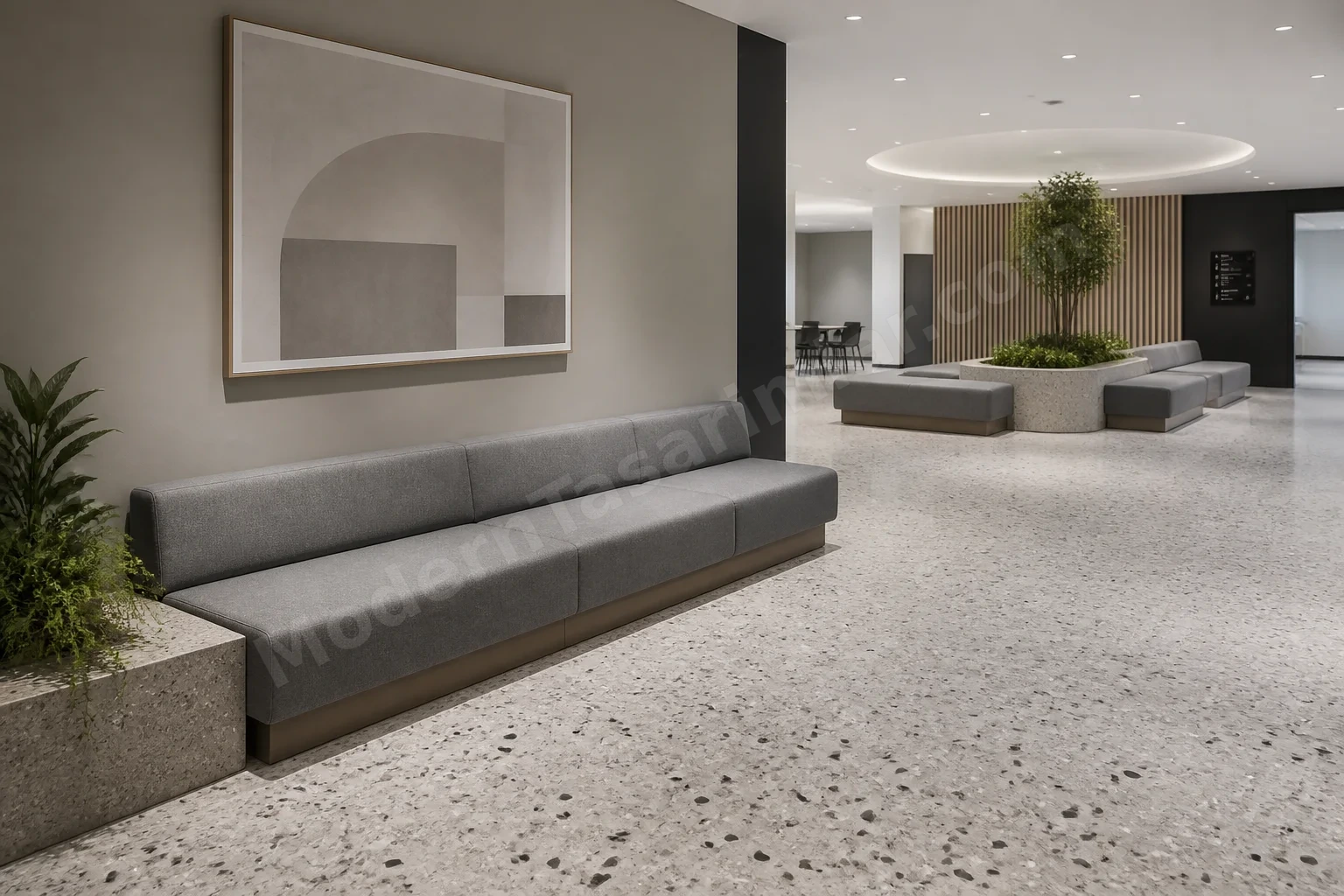 Kamusal alan bankı, 45 cm yükseklik, gri dayanıklı kumaş ve terrazzo zemin