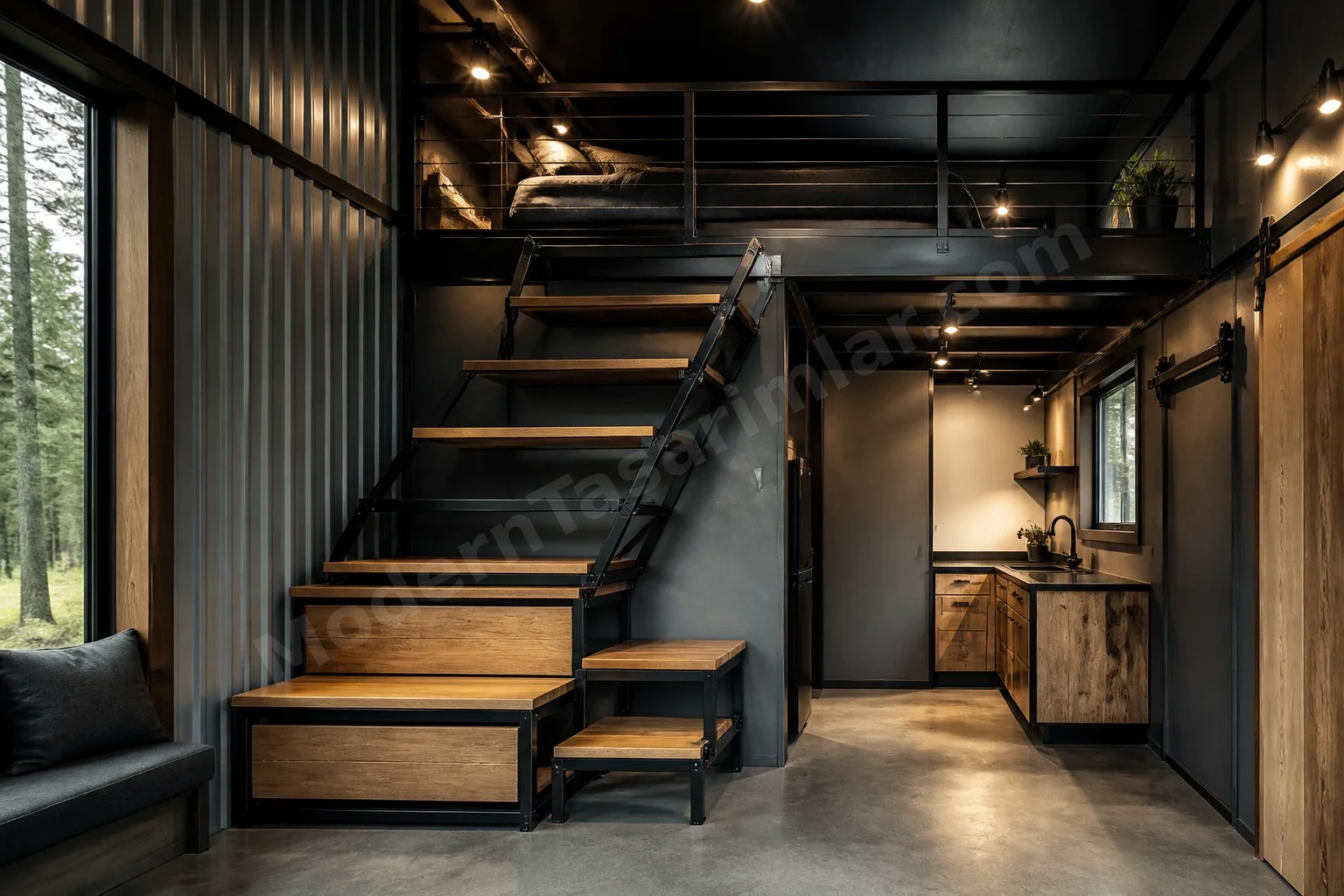 Katlanır metal basamaklı endüstriyel tiny house konsepti