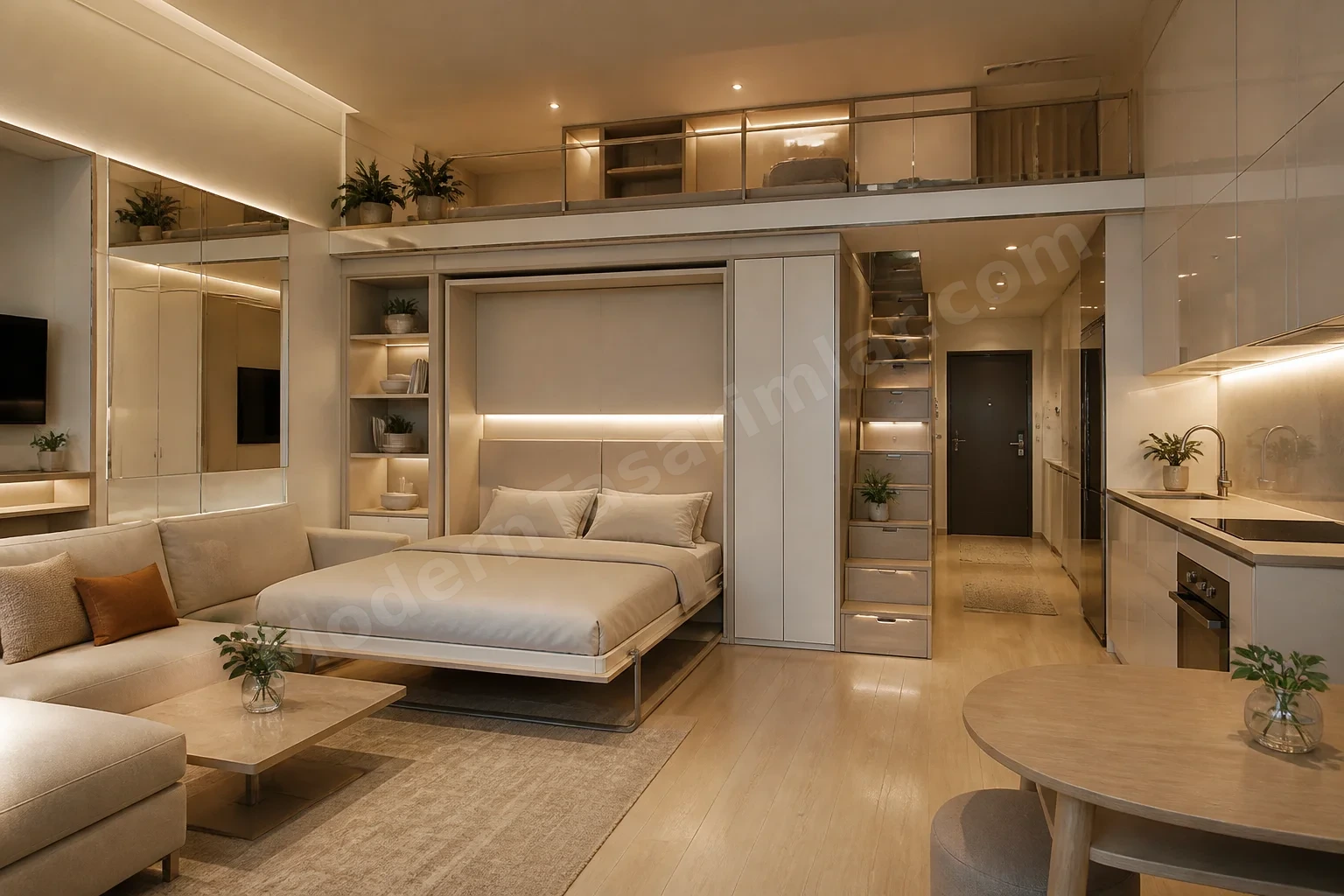 Katlanır yataklı küçük loft stüdyo ve çok işlevli mobilyalar