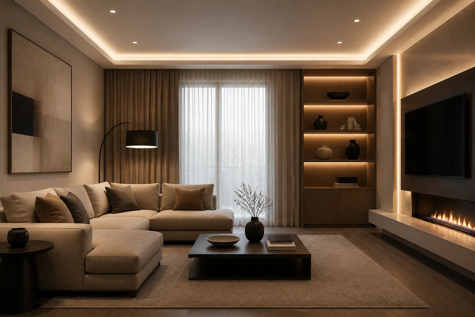 Katmanlı aydınlatmalı, gömme tavan ve arka aydınlatmalı raflara sahip minimalist oturma odası