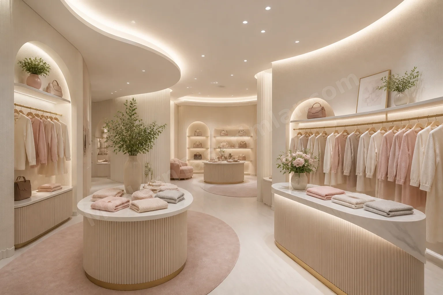Kavisli tezgâhlı küçük butik iç mekân