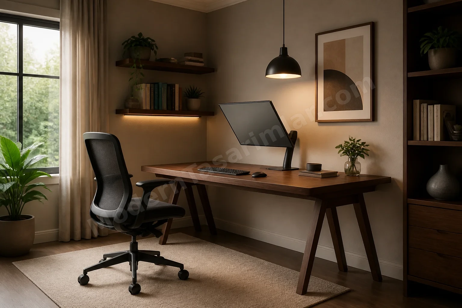 Köşe home office, monitor eğimi ve ceviz masa detayları