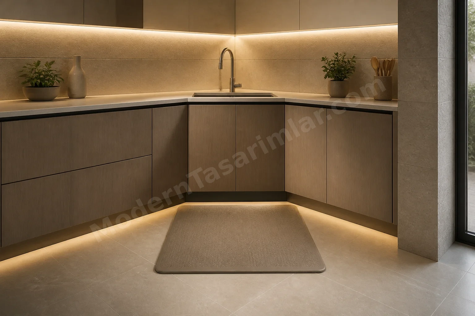 Köşe lavabo önünde ergonomik yorgunluk önleyici paspas.