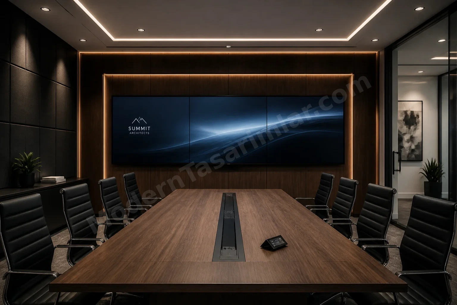 Koyu ahşap çerçeveli video duvar ve gizli LED aydınlatmalı yüksek teknolojili oda