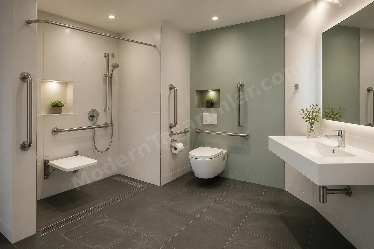 Koyu ardıç taşı zeminde beyaz armatürlü engelsiz banyo konsepti