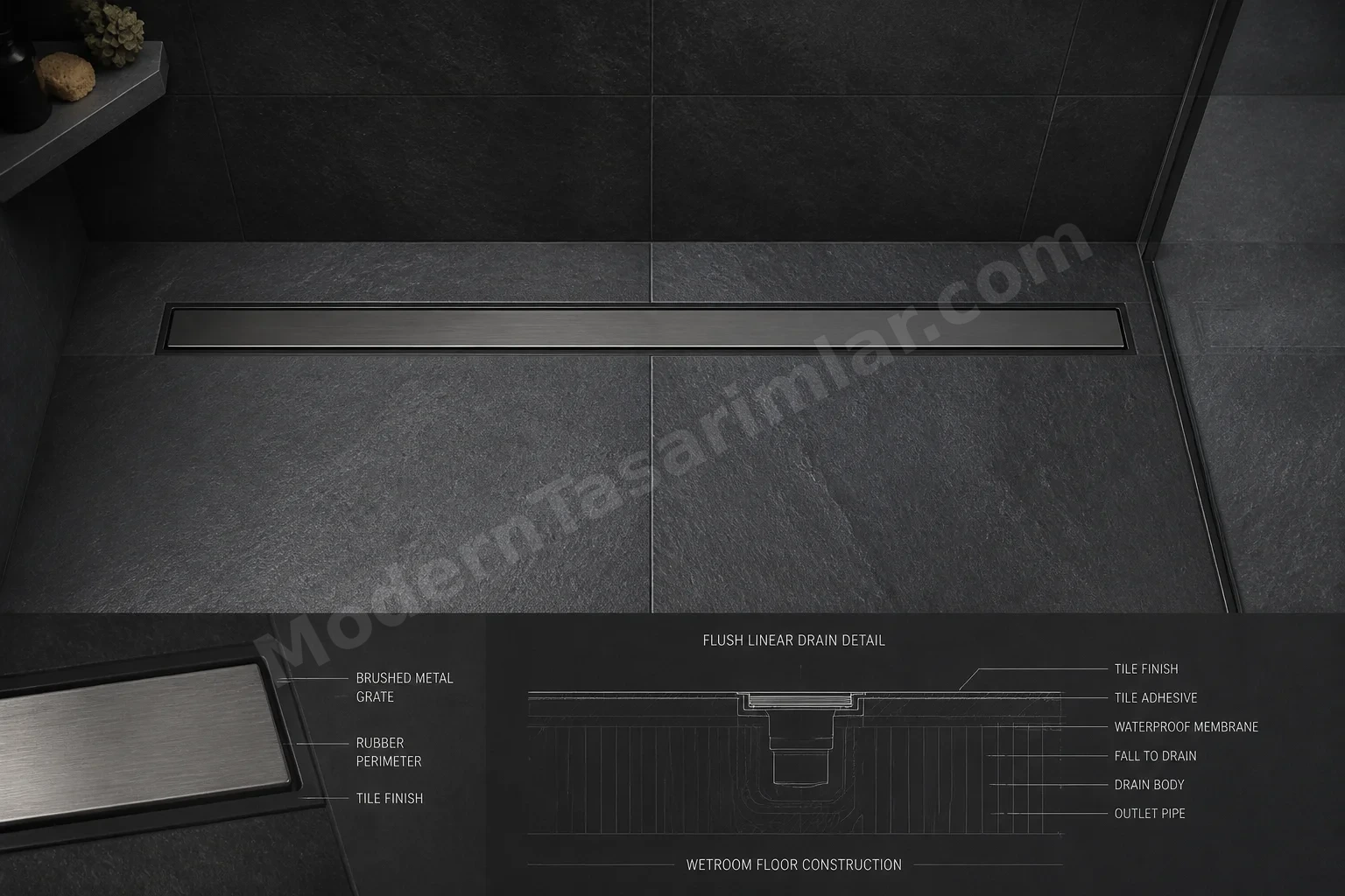 Koyu arduvaz karo üzerine alçak profilli fırçalanmış metal ızgara