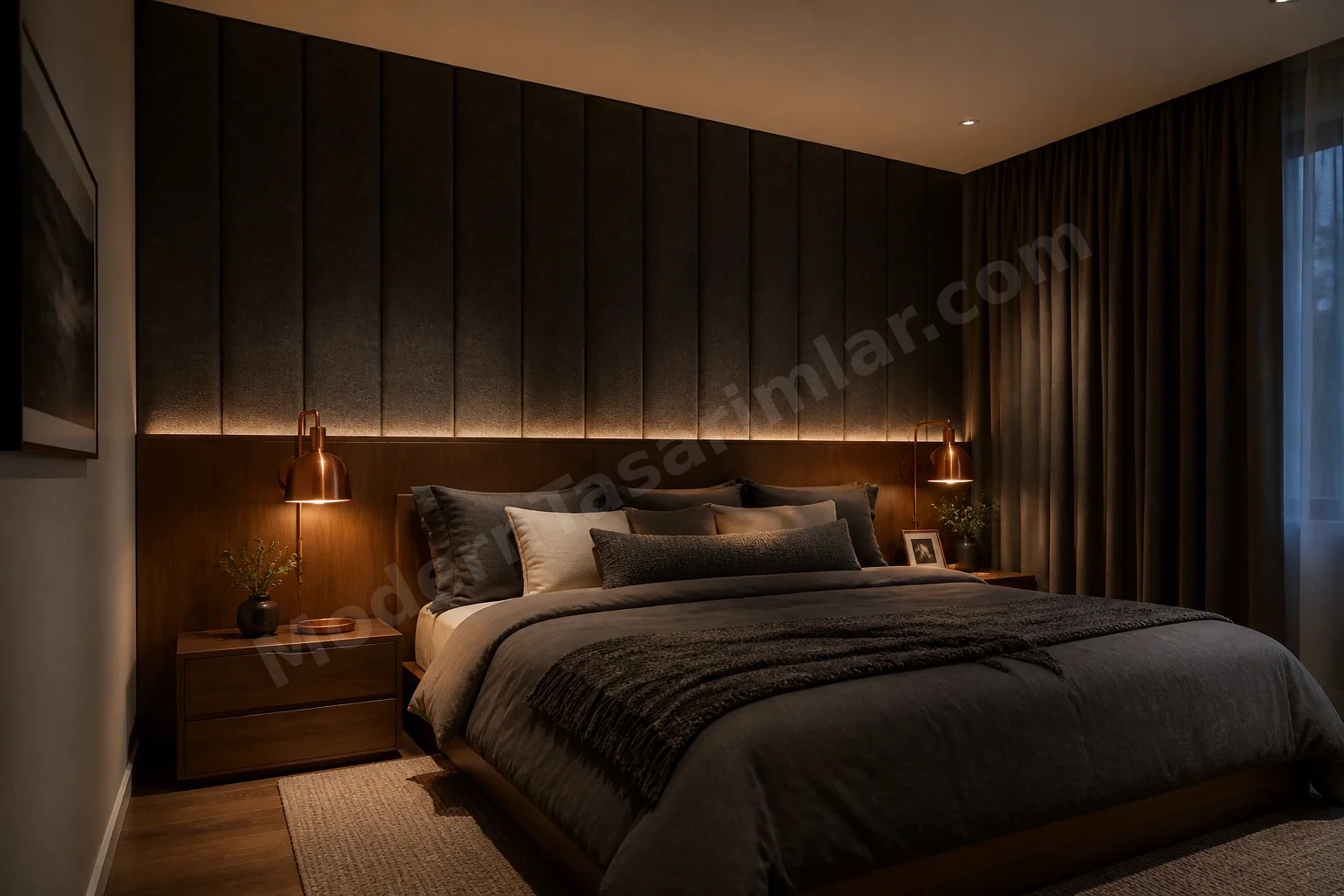 Koyu gri keçe panellerle yarısı kaplı sıcak atmosferli yatak odası