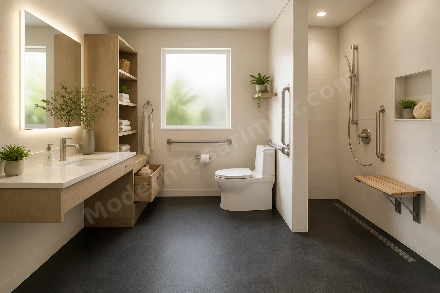 Koyun tonlu zemin ve krem duvarlı kontrastlı engelsiz banyo tasarımı
