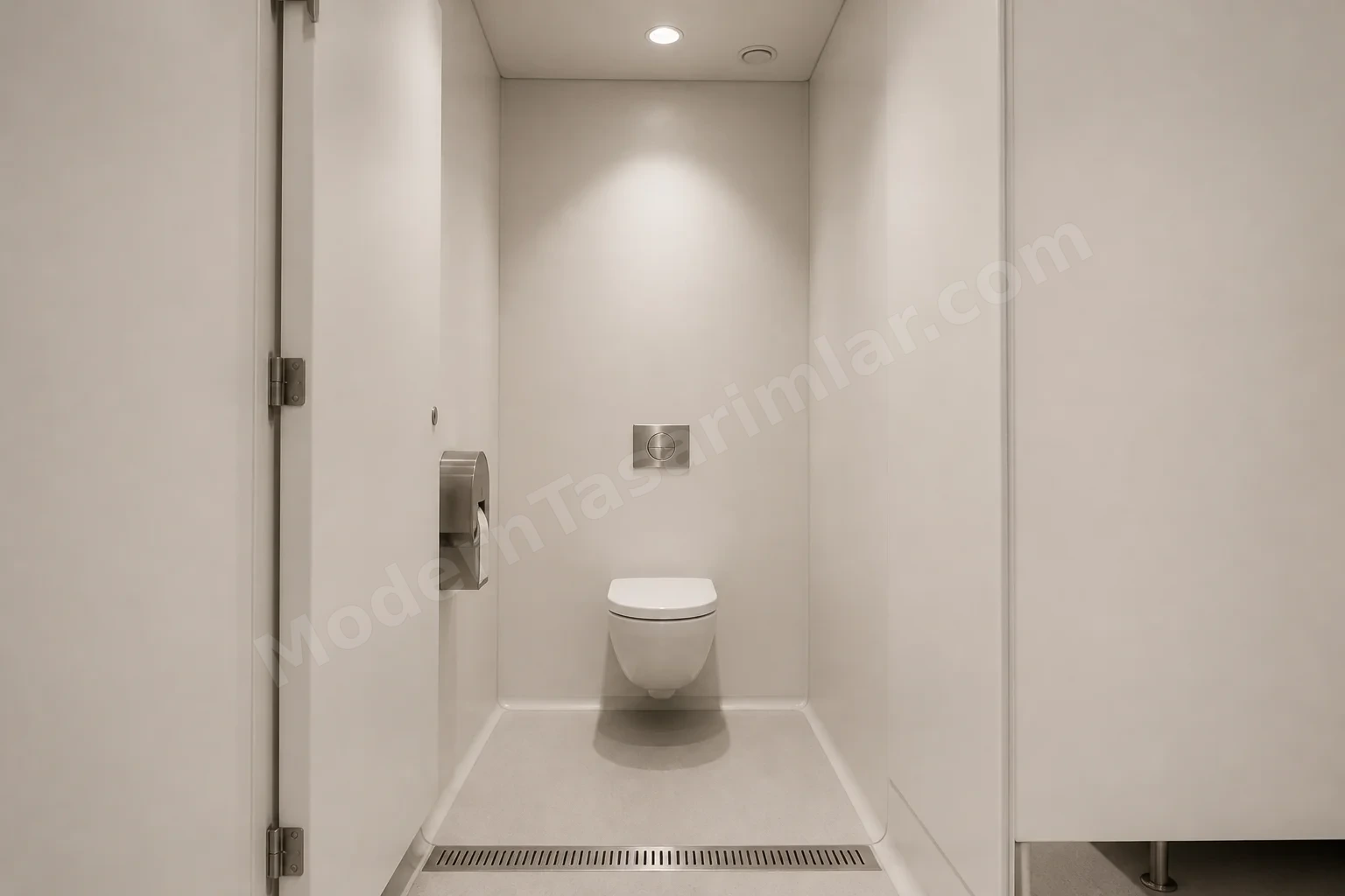 Krem fiberglas takviyeli duvar panelleri, minimum derzli tuvalet kabini.