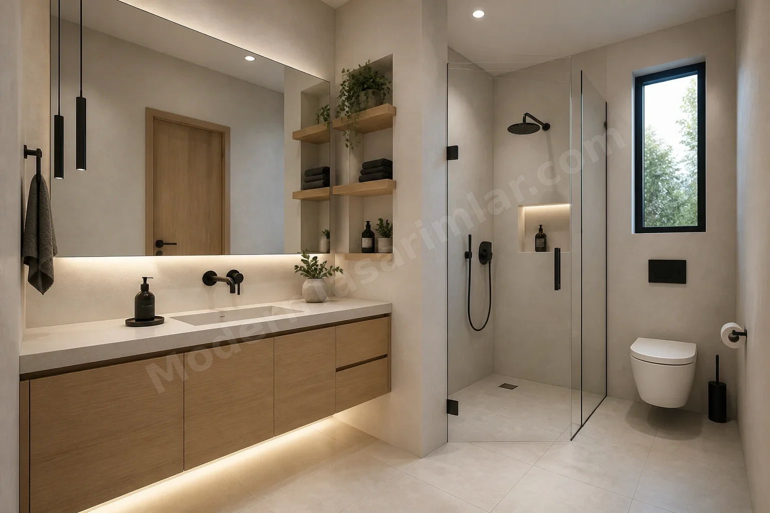 L biçimli banyo, köşe duş ve mat siyah armatürler ile açık sıva duvar