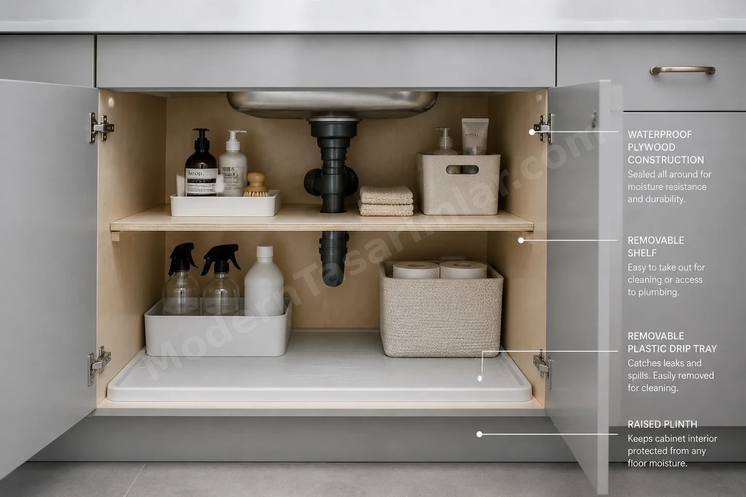 Lavabo altı çıkarılabilir drenaj tavalı dolap içi