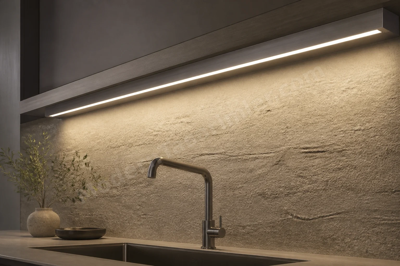 Lavabo nişinde fırçalanmış çelik ince şerit aydınlatma