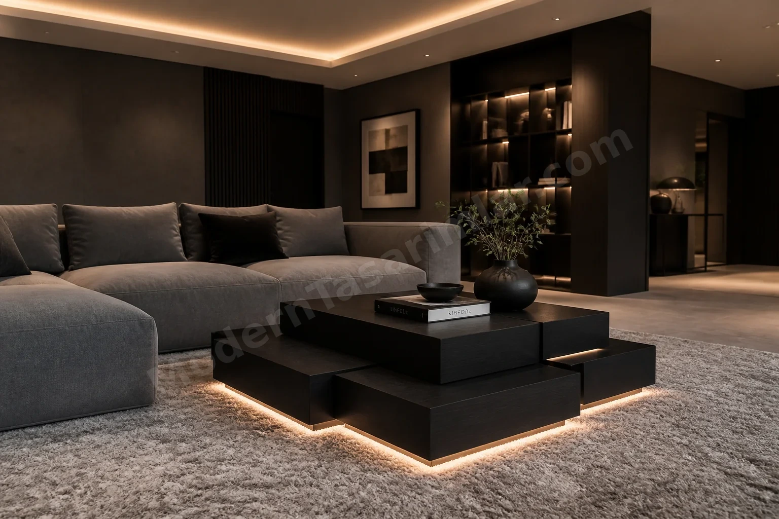 LED alt aydınlatmalı istiflenmiş modüler küpler ve açık gri halı
