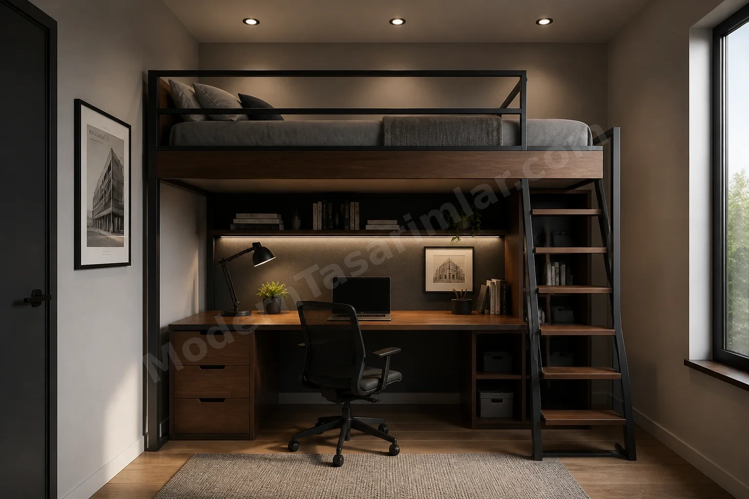 Loft yatak altında kompakt çalışma alanı, koyu metal çerçeve