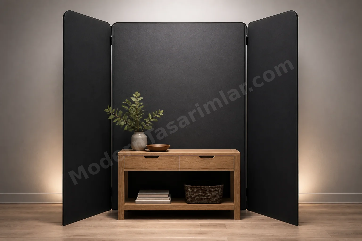 Mat antrasit taşınabilir panel önünde minimal konsol