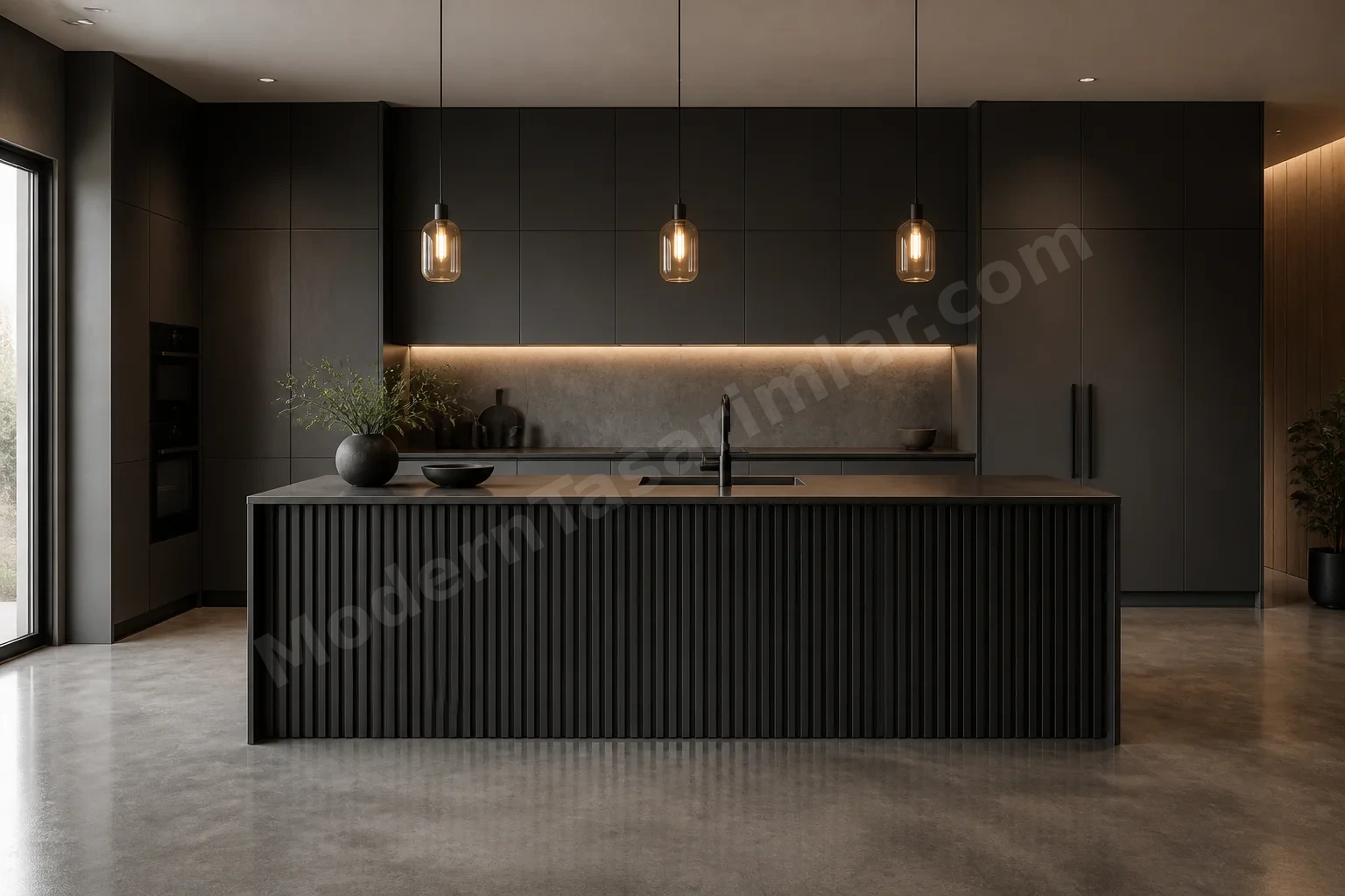 Mat koyu gri lake MDF ön yüzey ve siyah alüminyum çıtalar
