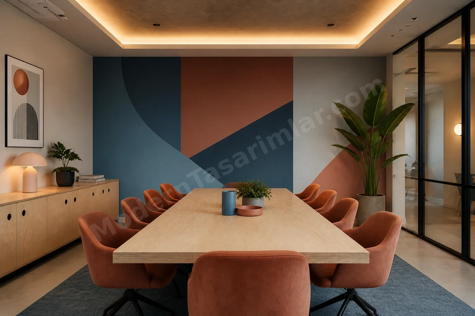 Mavi ve terrakota geometrik boyalı odak duvarlı renkli toplantı odası