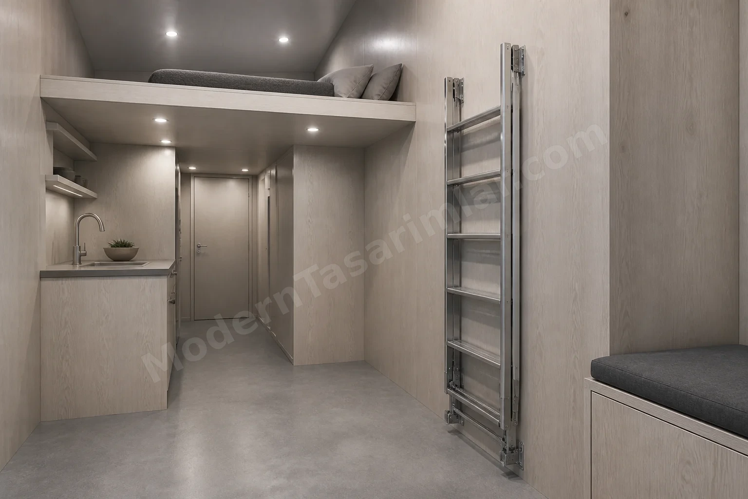 Menteşeli metal merdivenli tiny house iç mekan