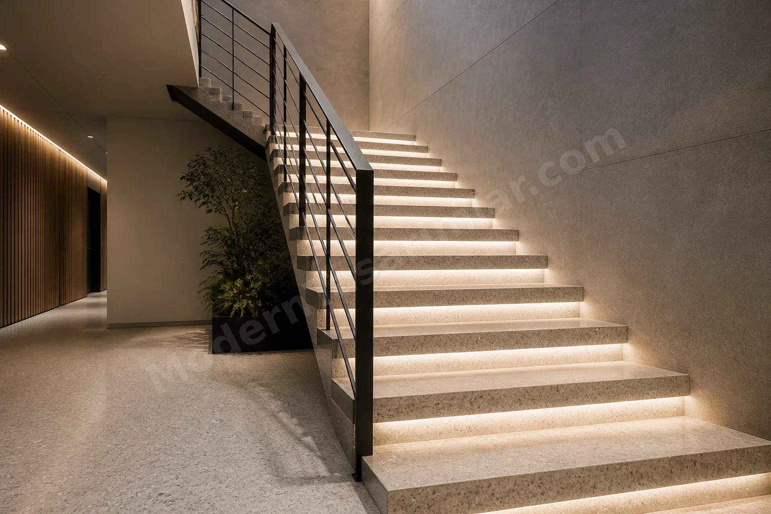 Merdiven, basamak altı LED şerit ve terrazzo kaplama.
